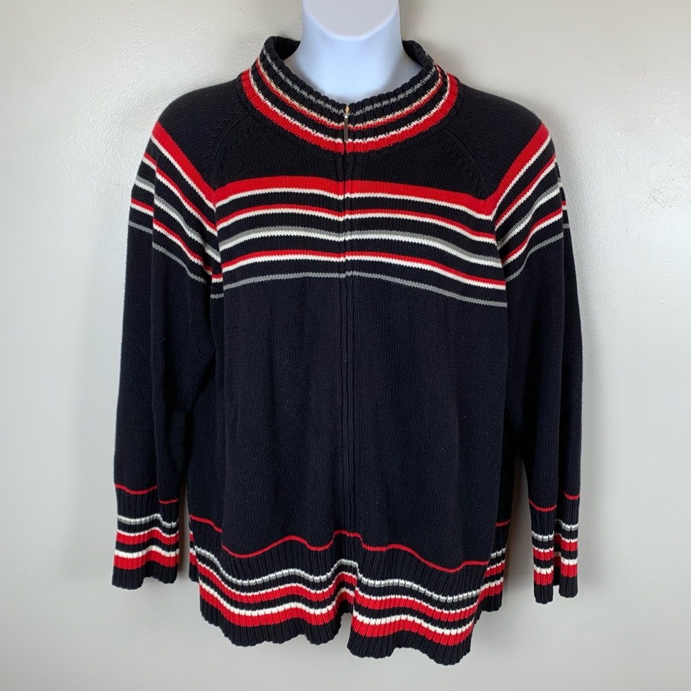 Liz Claiborne Woman Striped Cardigan Size 3x Red Black Moc Neck Full‎ Zip Cotton